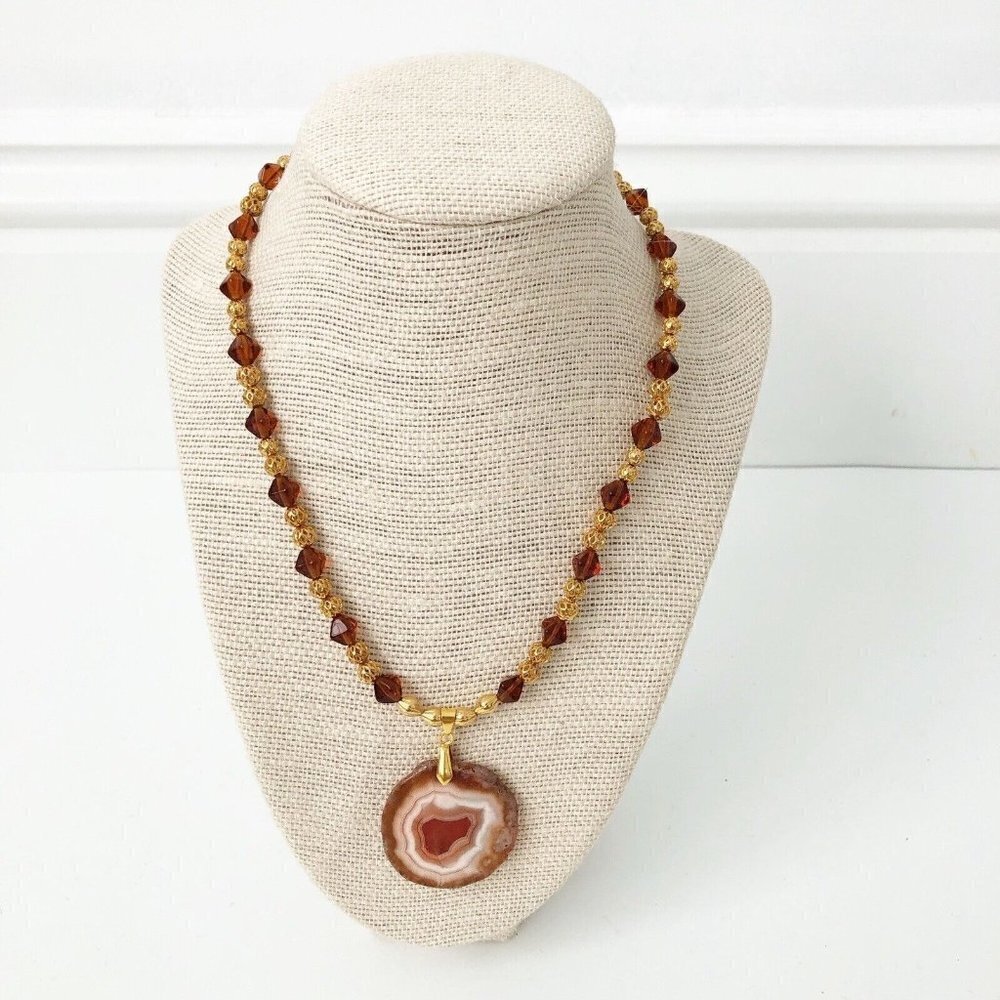 NWT Genuine Agate, Czech Crystal & Metallic Beads Necklace Orange Gold Pendant